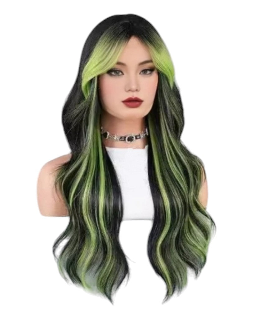 Streaked Emerald Black Wavy Wig. Aneeza.