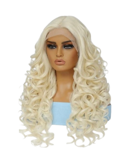 Blonde Curly Synthetic Lace Front Wig. Glueless T Part Lace Glamour. Zena-CelebWigs