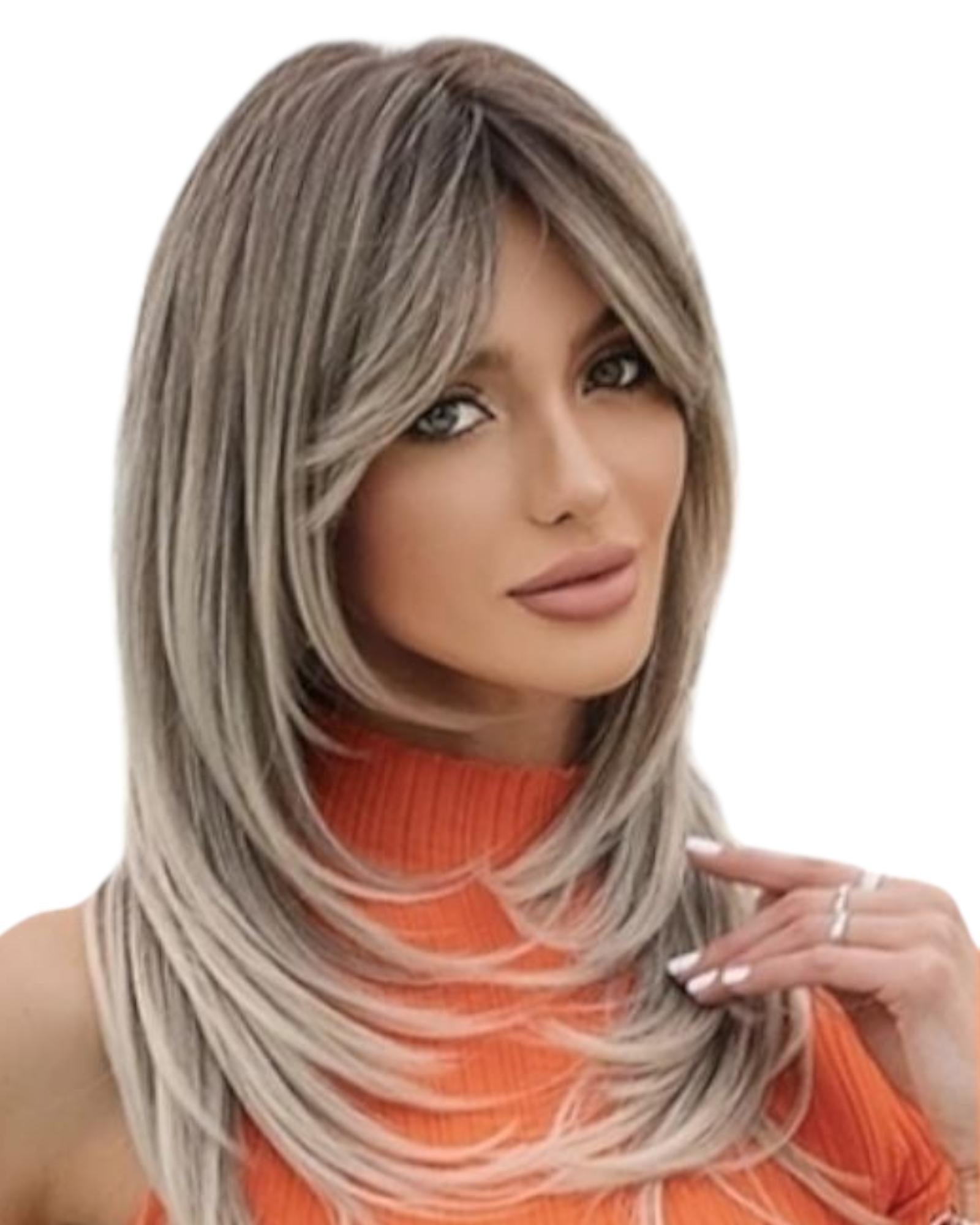 Rooted Blonde Layered Long Fringe Bangs Wig. Ally
