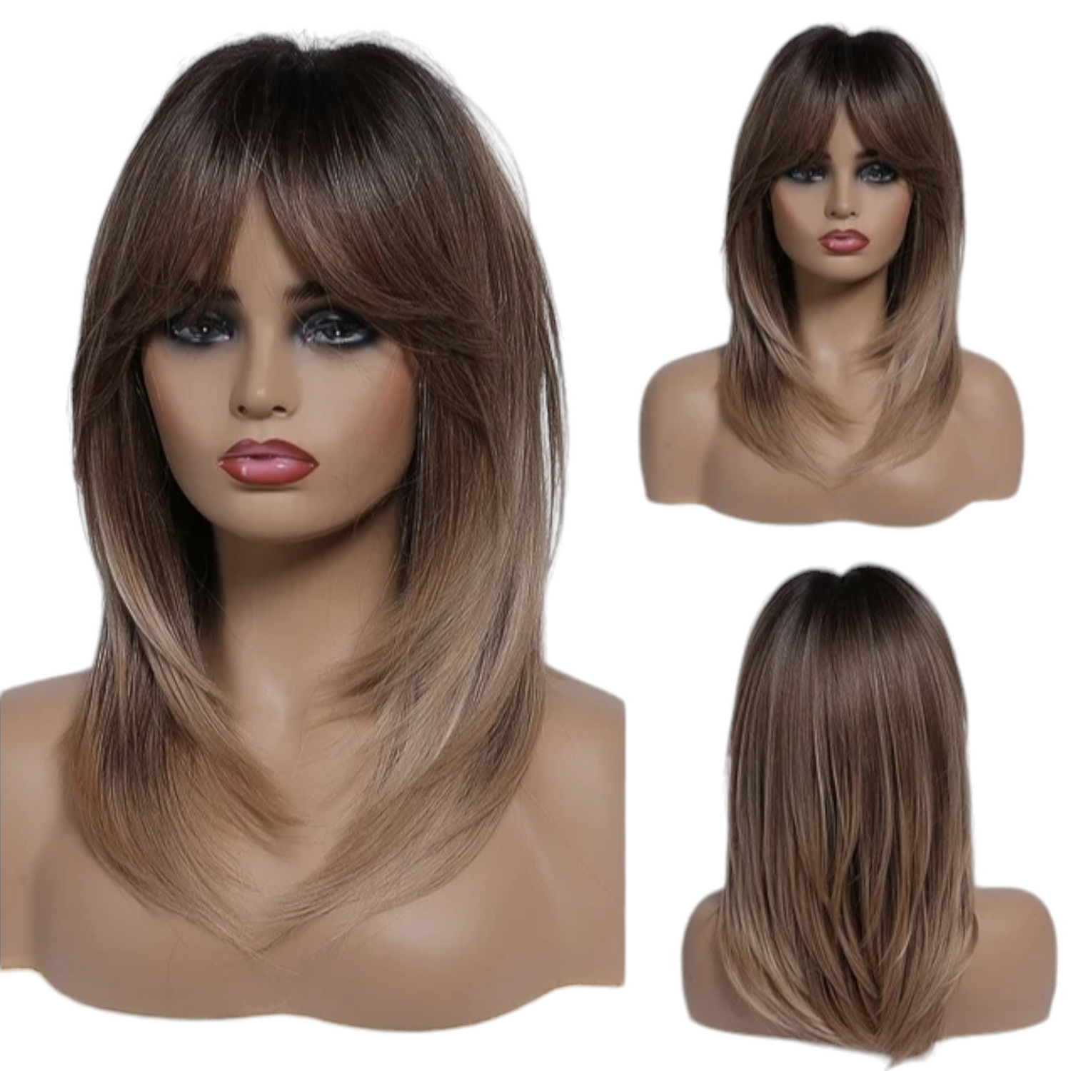 Ombre Brown Blonde Face Framing Shoulder Length Wig. Alure-CelebWigs