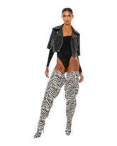Zebra Thigh High Slouch Boots.