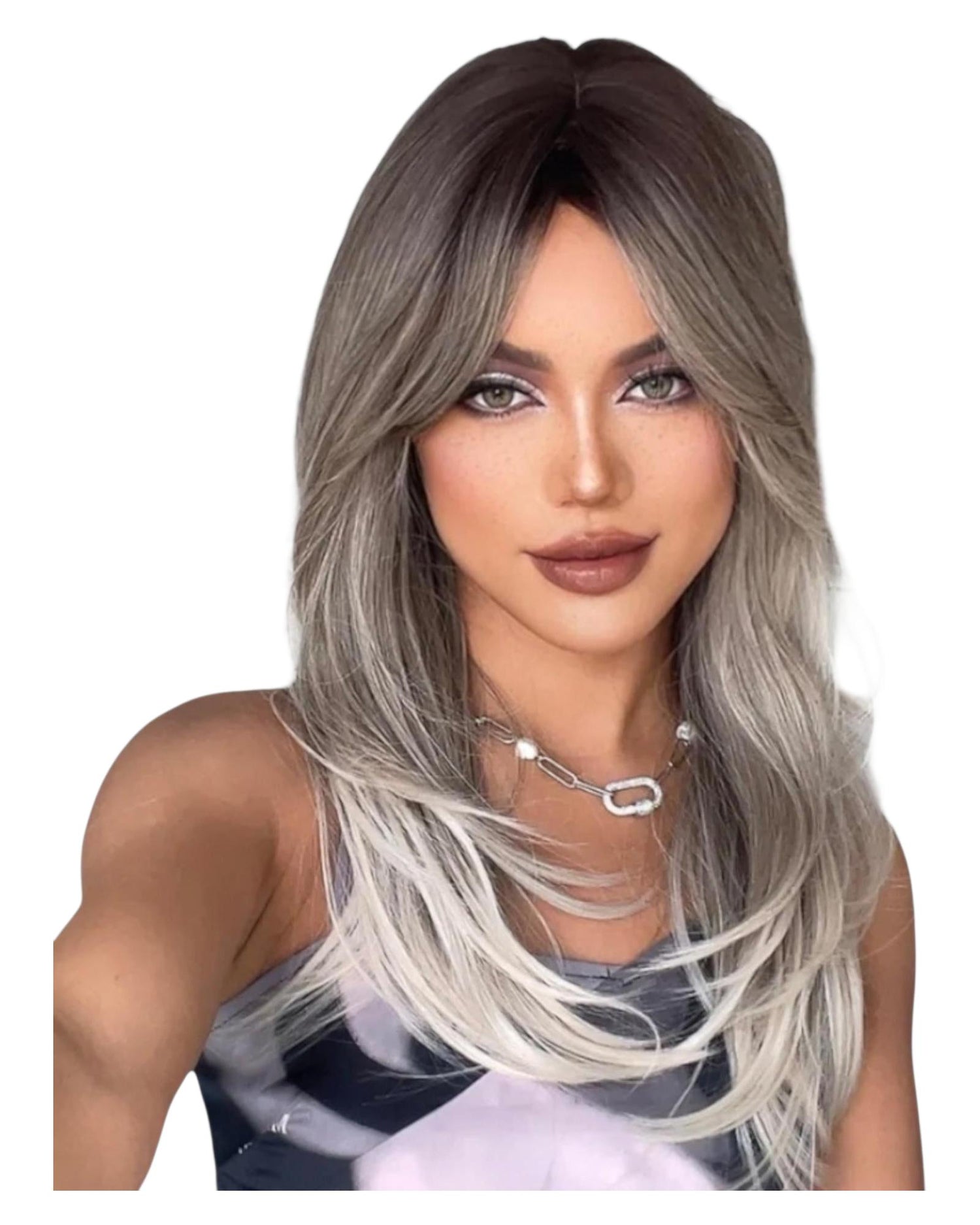 Rooted Blonde Layered Long Fringe Bangs Wig. Ally