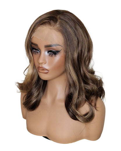 Brown Highlights Mid Length Lace Front Wig.