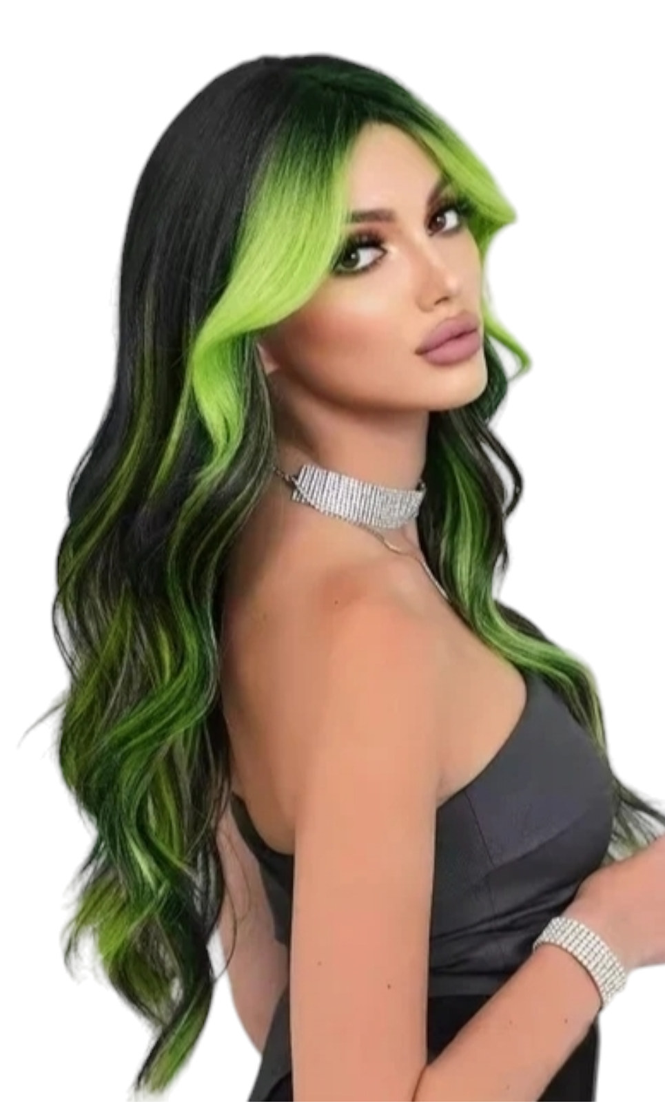 Streaked Emerald Black Wavy Wig. Aneeza.