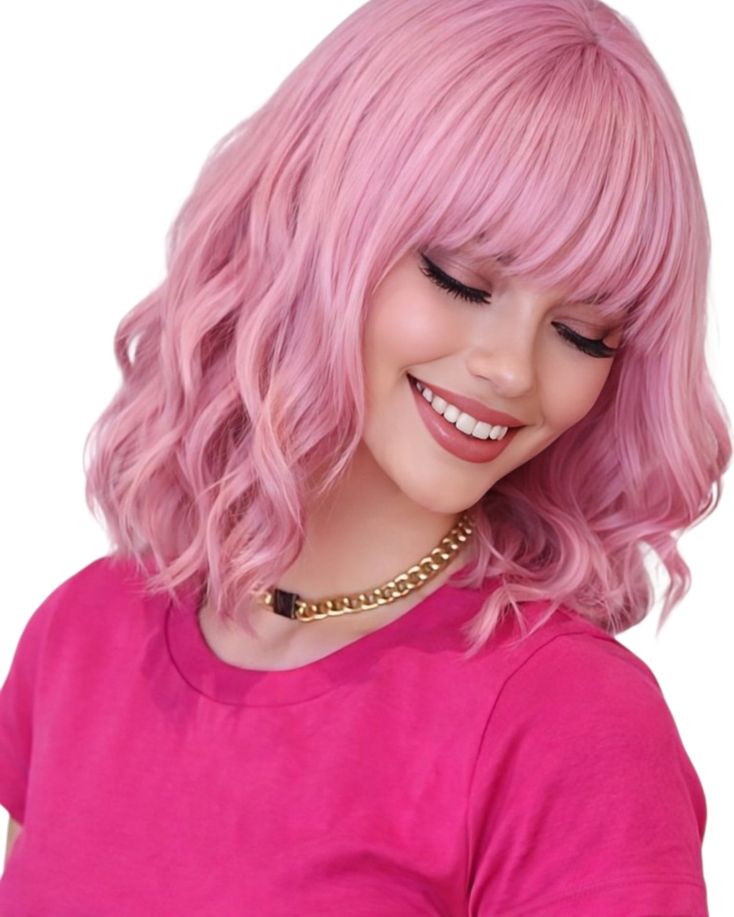 Wavy Pink Fashion Wig With Fringe Bangs. Sherry