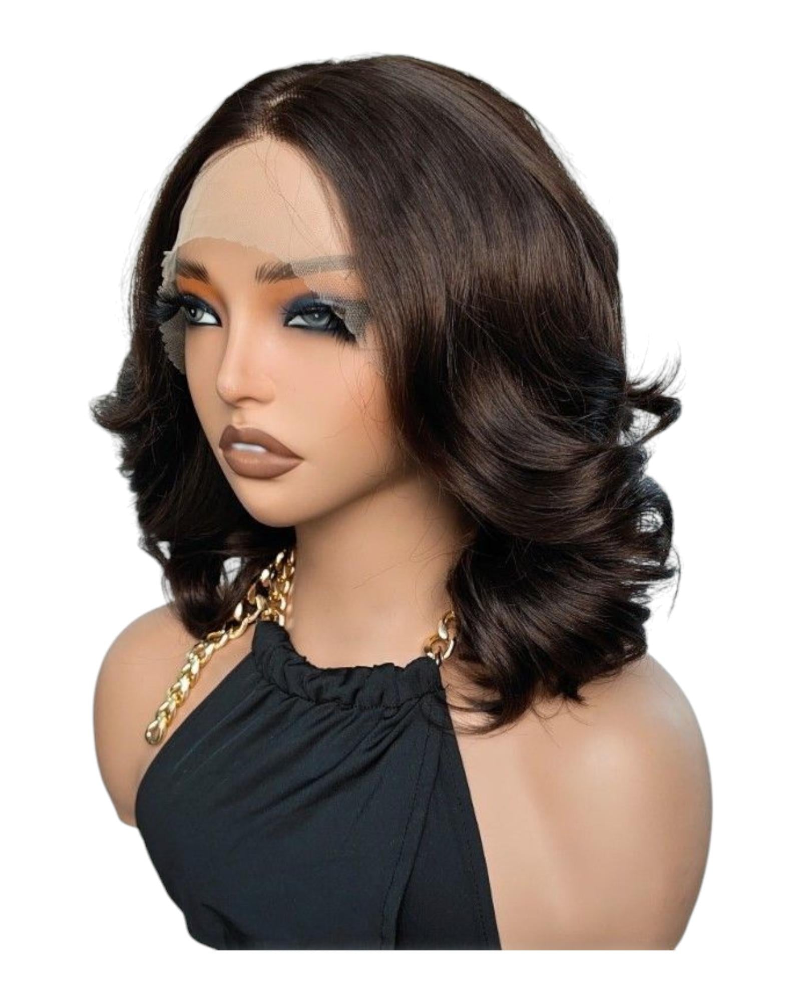 Dark Brown Wavy Bob Lace Front Wig. Demii