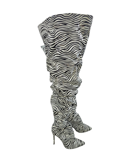 Zebra Thigh High Slouch Boots.