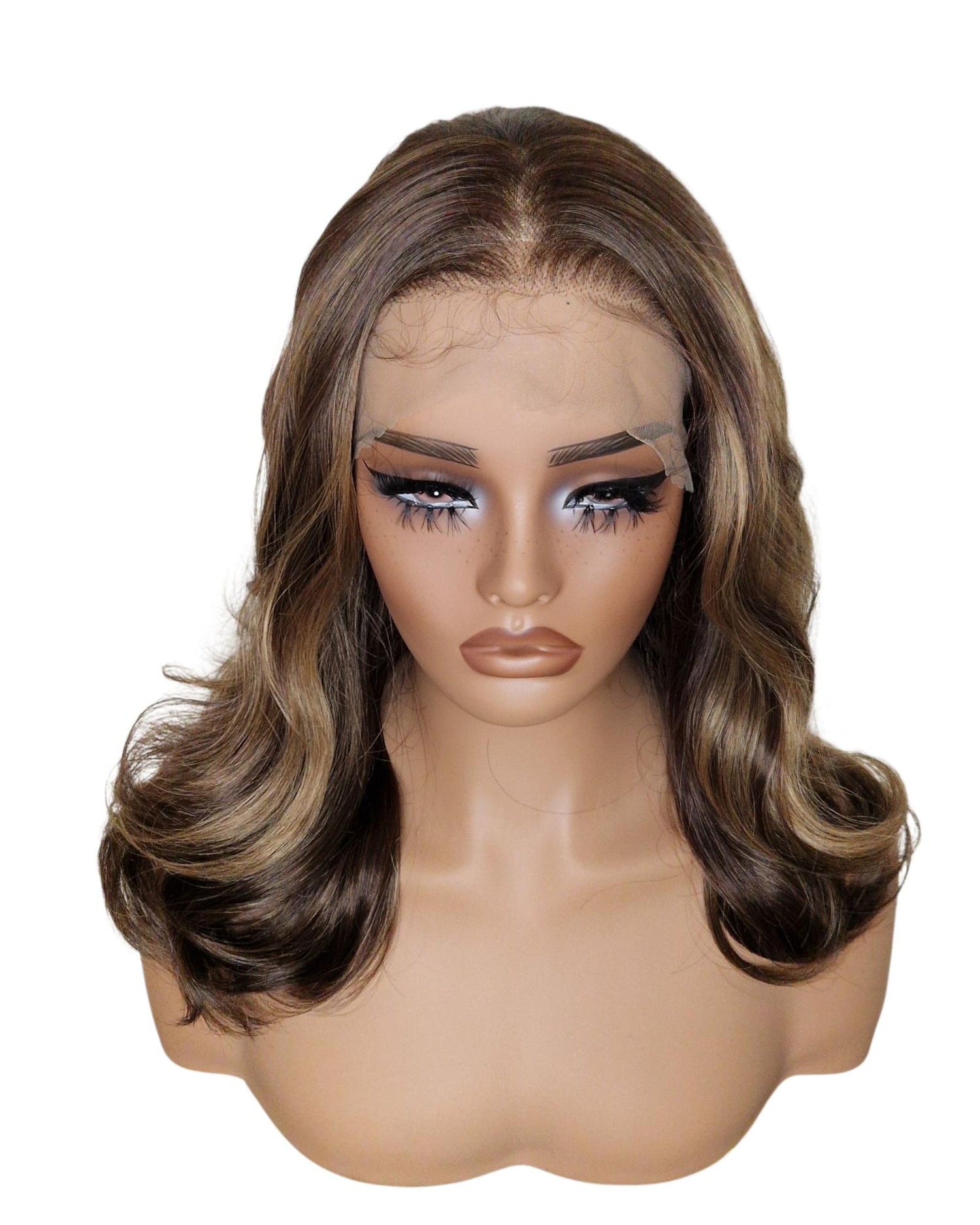 Brown Highlights Mid Length Lace Front Wig.