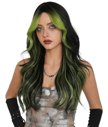 Streaked Emerald Black Wavy Wig. Aneeza.