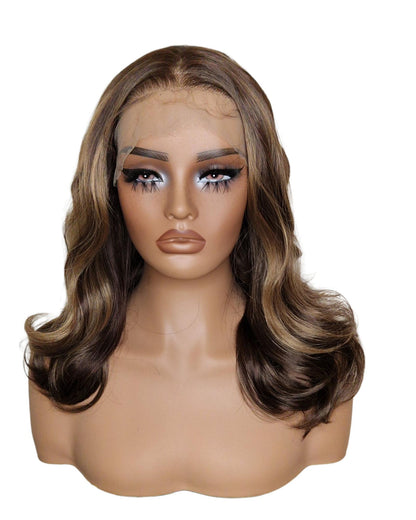Brown Highlights Mid Length Lace Front Wig.