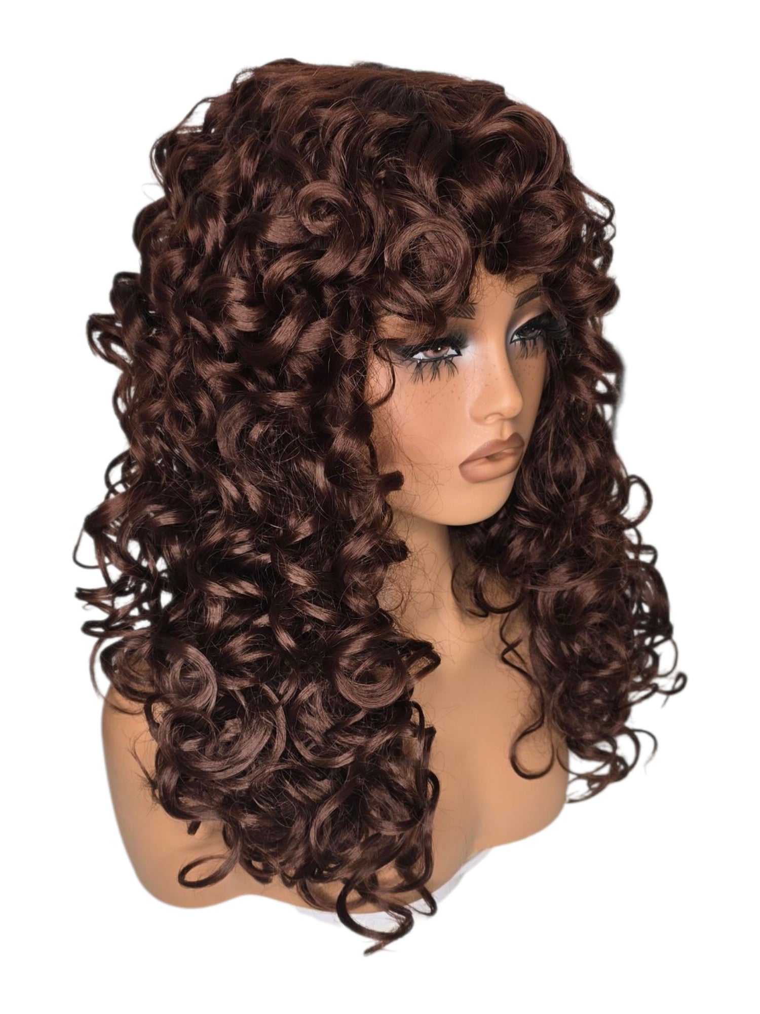 Auburn Brown Corkscrew Curls Bob Style Wig. Pasha