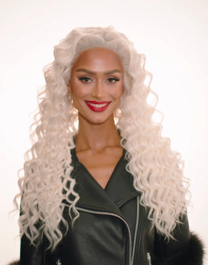 White Blonde Wavy Curl Lace Front Wig. Ice Queen