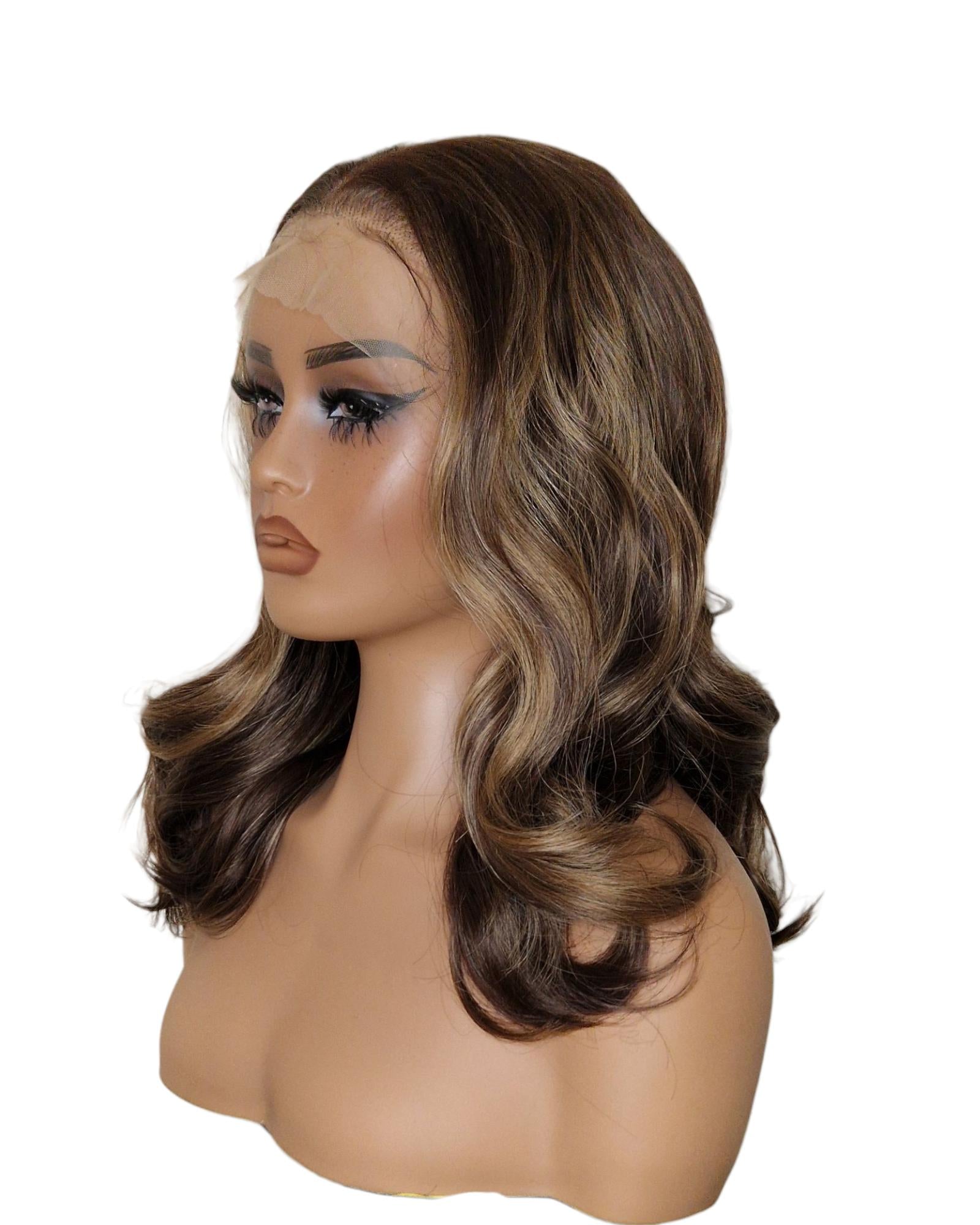 Brown Highlights Mid Length Lace Front Wig.