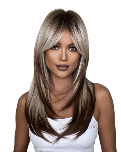 Tipped Brown Ash Blonde Long Bangs Wig. Ally