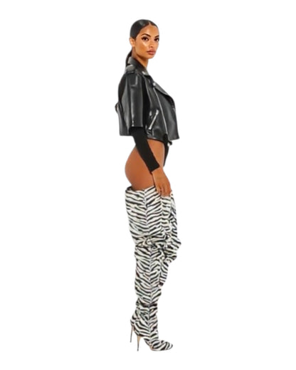 Zebra Thigh High Slouch Boots.