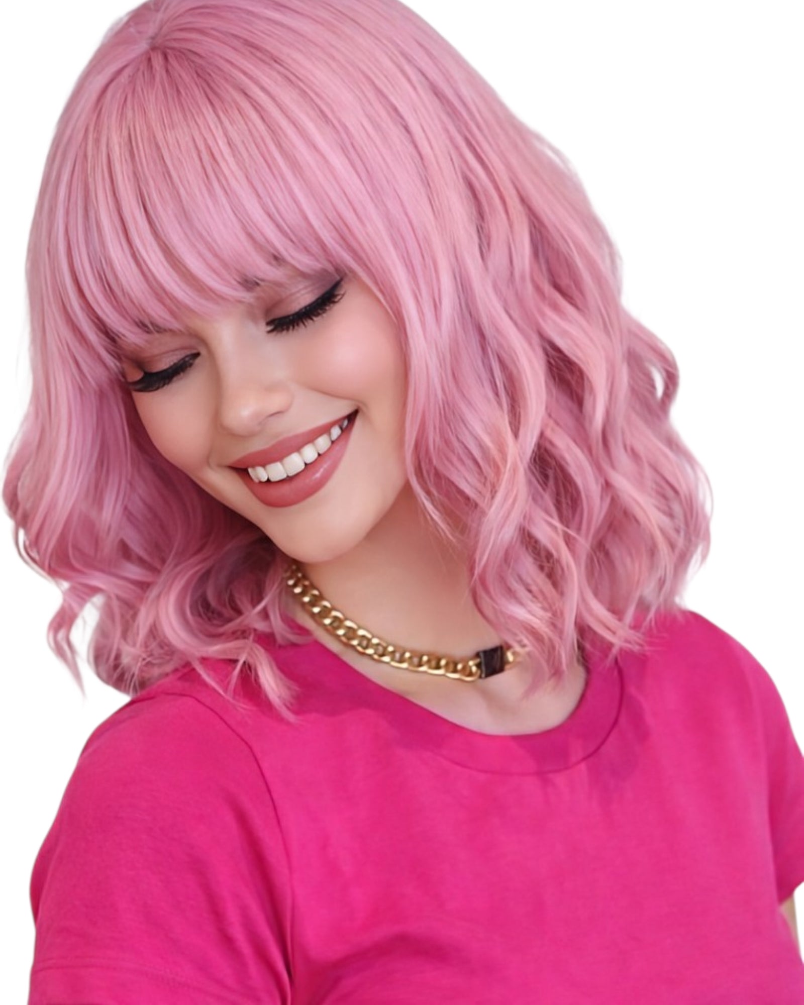 Wavy Pink Fashion Wig With Fringe Bangs. Sherry