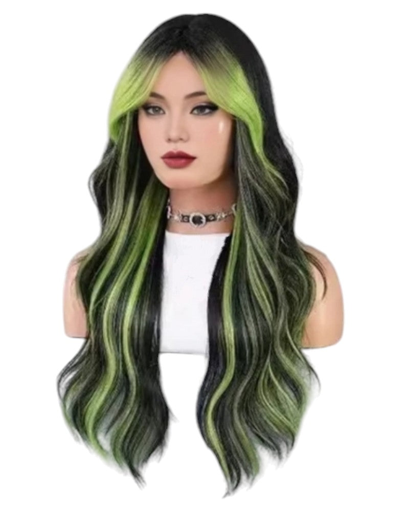 Streaked Emerald Black Wavy Wig. Aneeza.