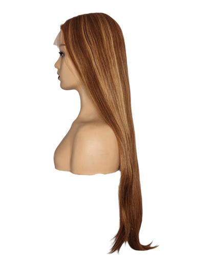 Caramel Streaked Long Straight T Part Lace Front Wig. Yara-CelebWigs