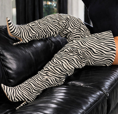 Zebra Thigh High Slouch Boots.