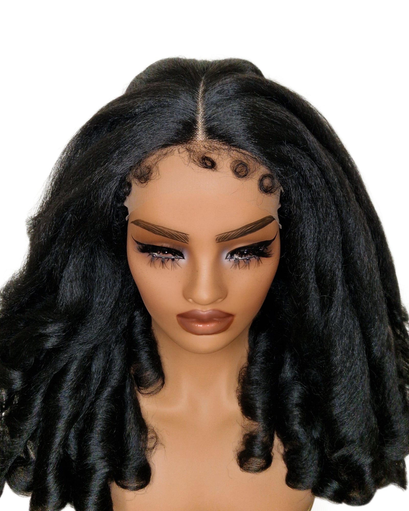 Black Kinky Straight Barrel Curl Lace Front Wig. Basha