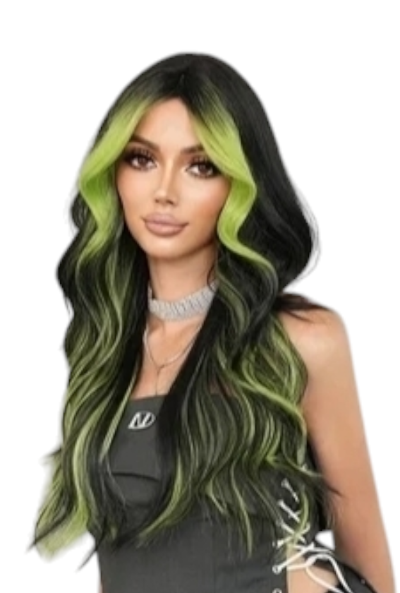 Streaked Emerald Black Wavy Wig. Aneeza.