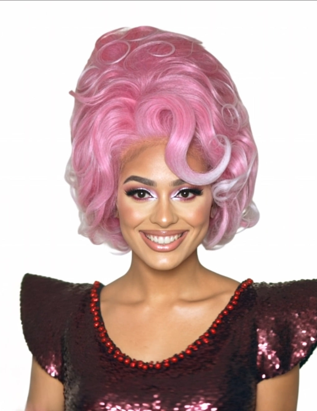 Pink White Updo Drag Queen Wig.
