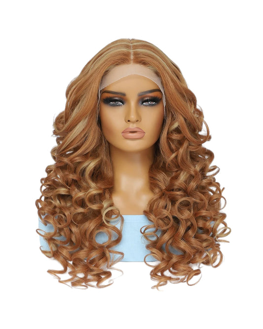 Curly Synthetic Lace Front Wig. Glueless T Part Lace Wig Streaked Blonde. Zena
