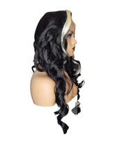 Blonde Streaked Bangs Black Wavy Lace Front Wig. Visage-CelebWigs