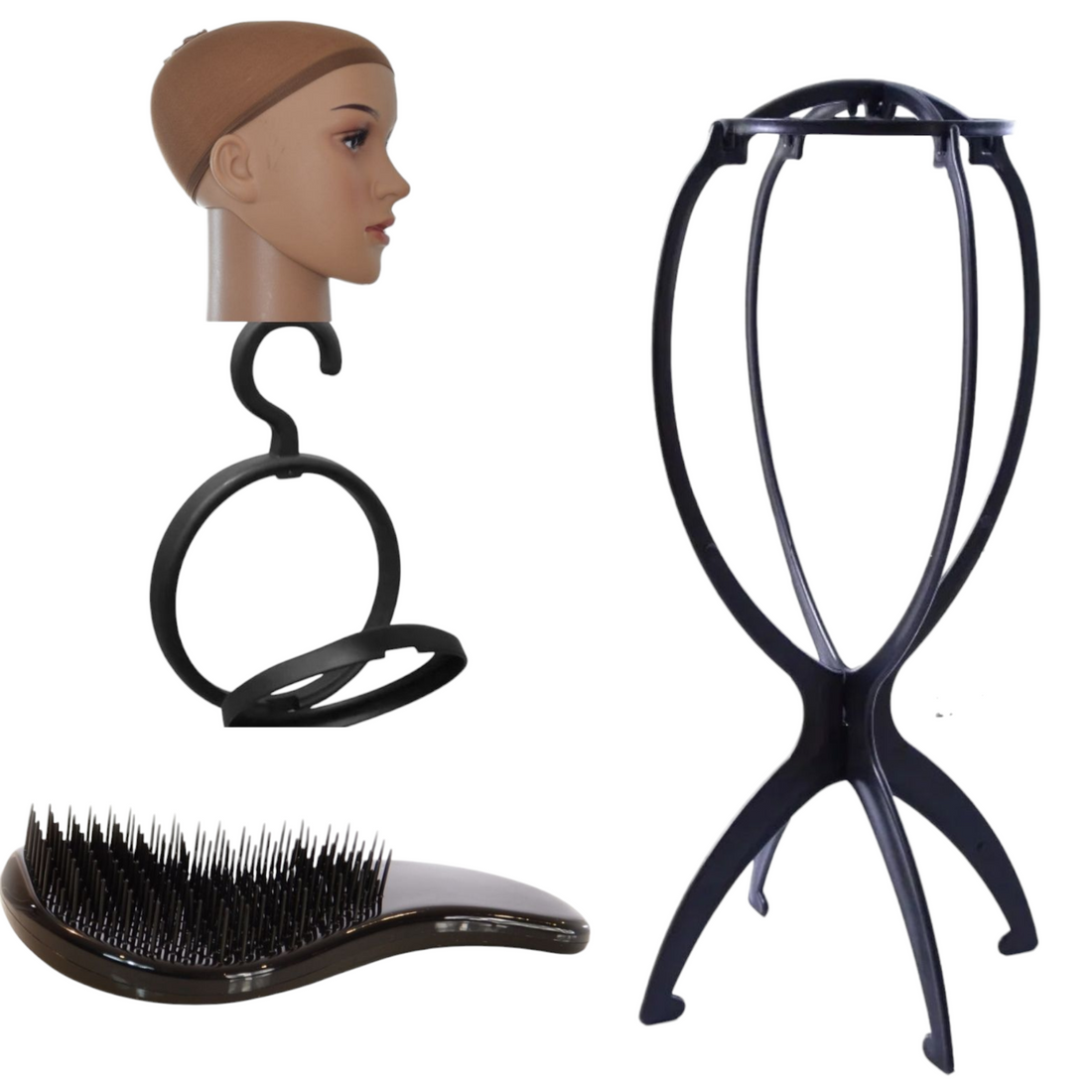 Wig Care Pack: Dtangler Hairbrush + Wig Caps + Wig Stand + Wig Hanger