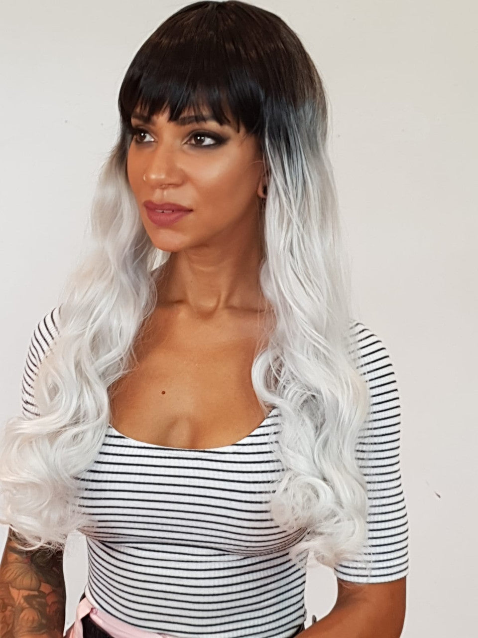 Long Curly White Wig. Blunt Fringe. Dark Root Effect. Troya Wig.-CelebWigs