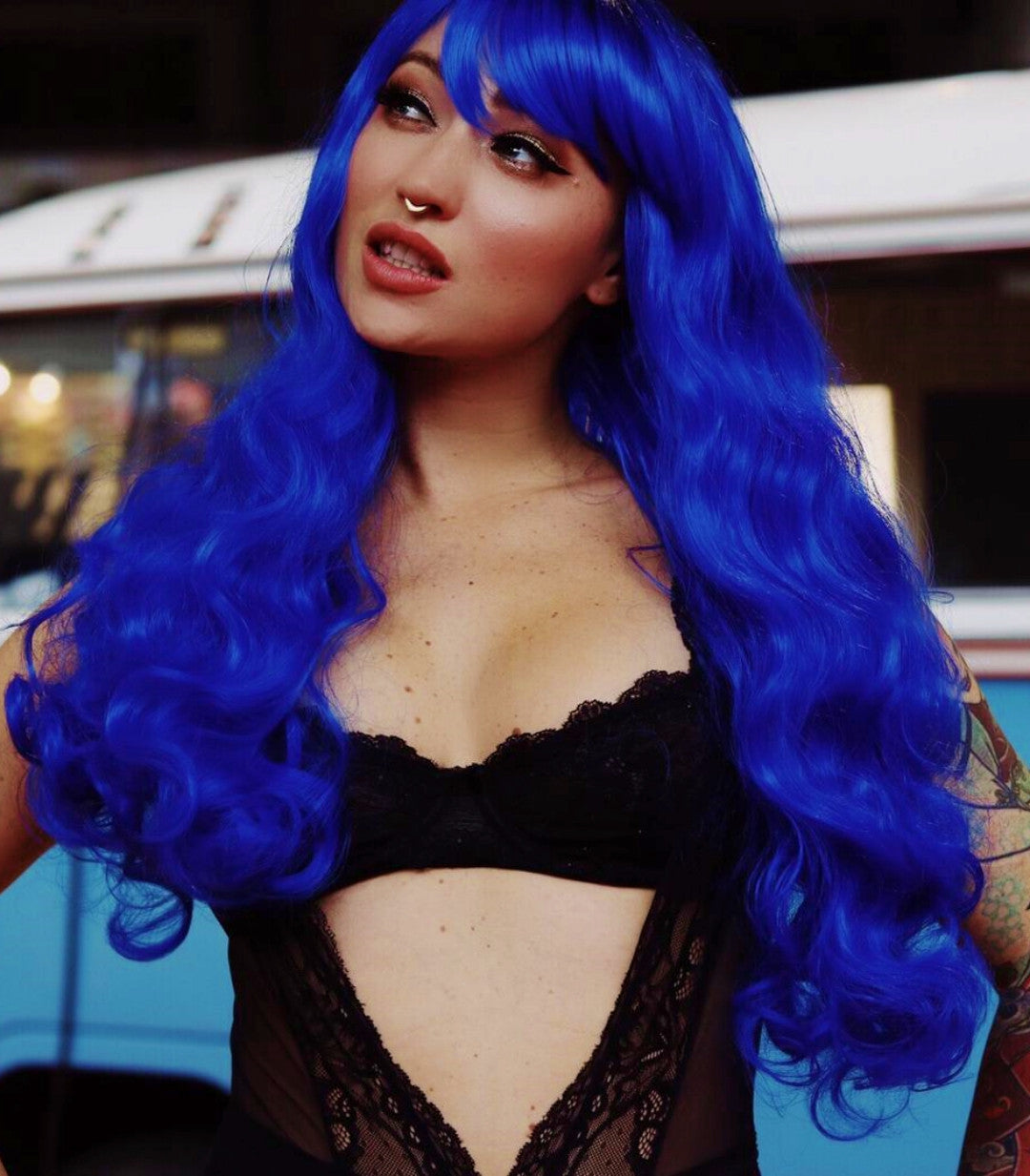 Electric Blue Troya Wig. Blue Ink Rooted Shade.