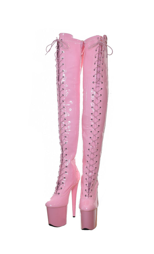 Bubble Gum Pink 8inch Platform Thigh High Boots.