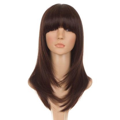 Face Framing Feather Cut Long Bob Wig. Dark Brown