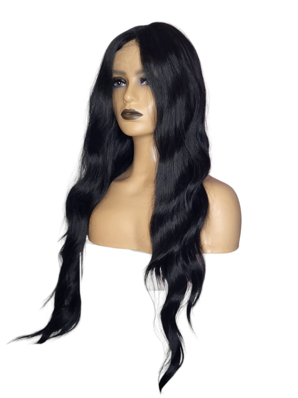 Long 28 inch Wavy Black T Part Lace Front Wig. Lamissa-CelebWigs