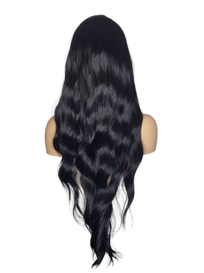 Long 28 inch Wavy Black T Part Lace Front Wig. Lamissa-CelebWigs