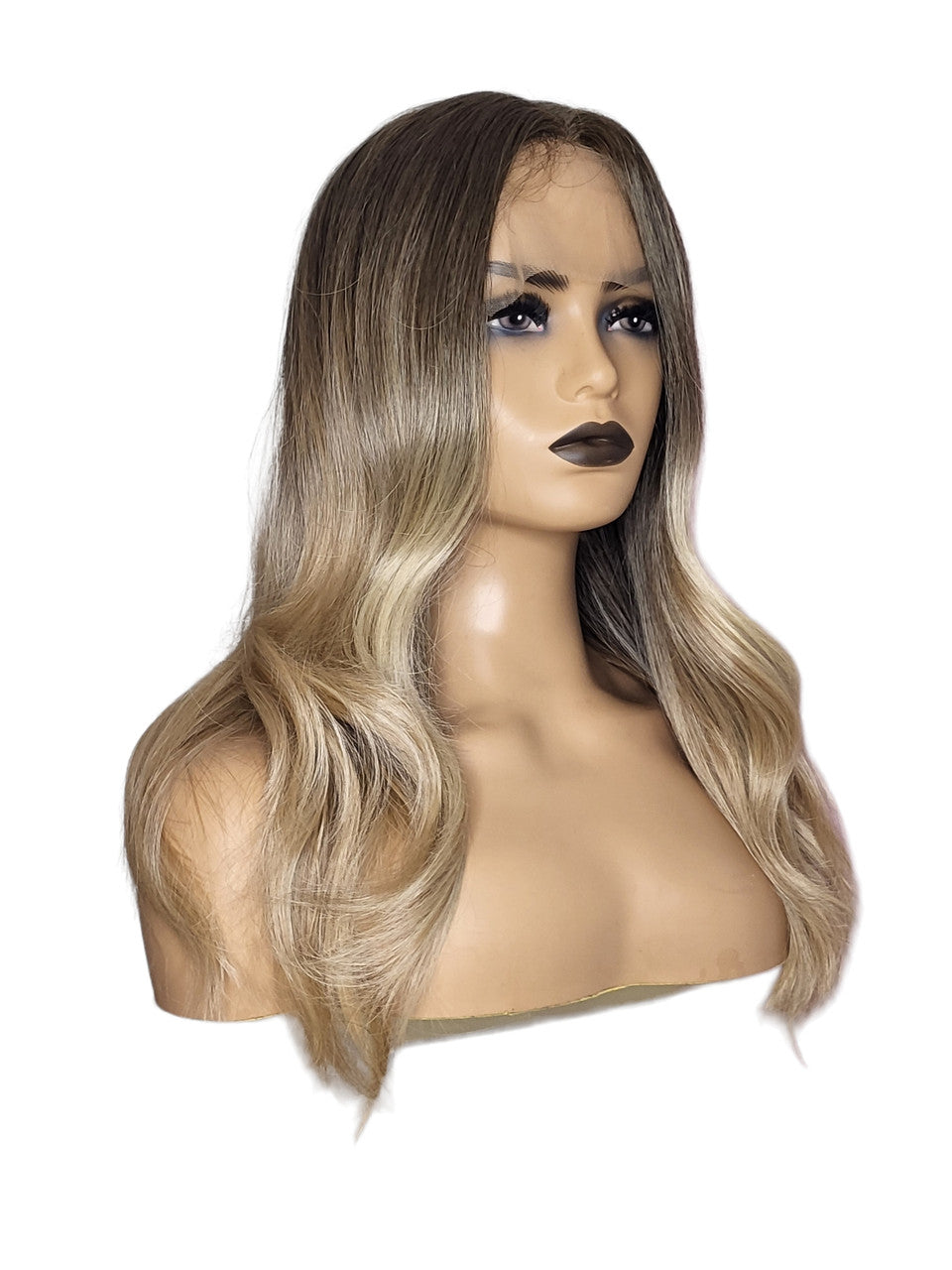 Long Wavy Ash Blonde T Part Lace Front Wig. Lucia-CelebWigs