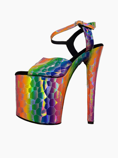 Rainbow Holographic Print DragPole Platform Sandal