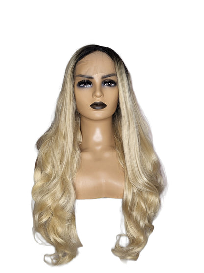 Long Wavy Mixed Light Blonde Dark Roots Lace Front Wig. Maya-CelebWigs