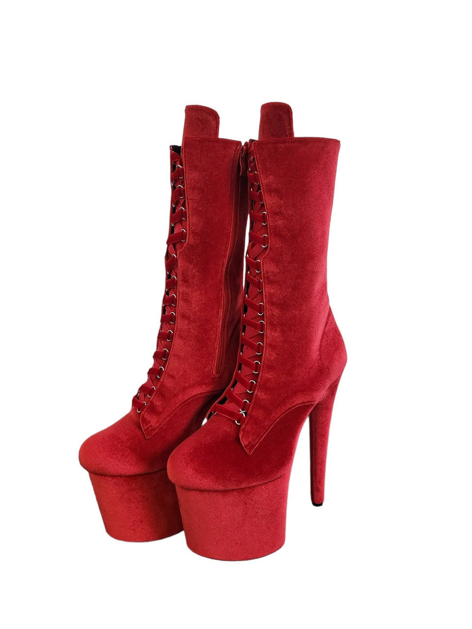 Red Plush Velvet Calf Length Platform Boots