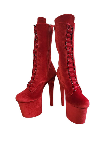 Red Velvet Calf Length Platform Boots-CelebWigs