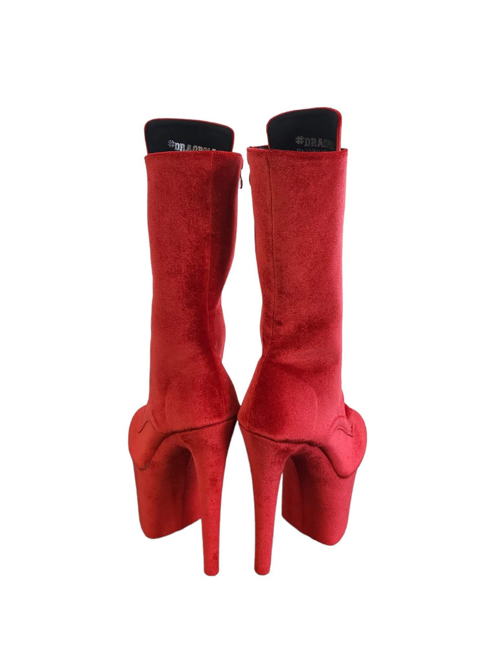 Red Plush Velvet Calf Length Platform Stiletto Boots