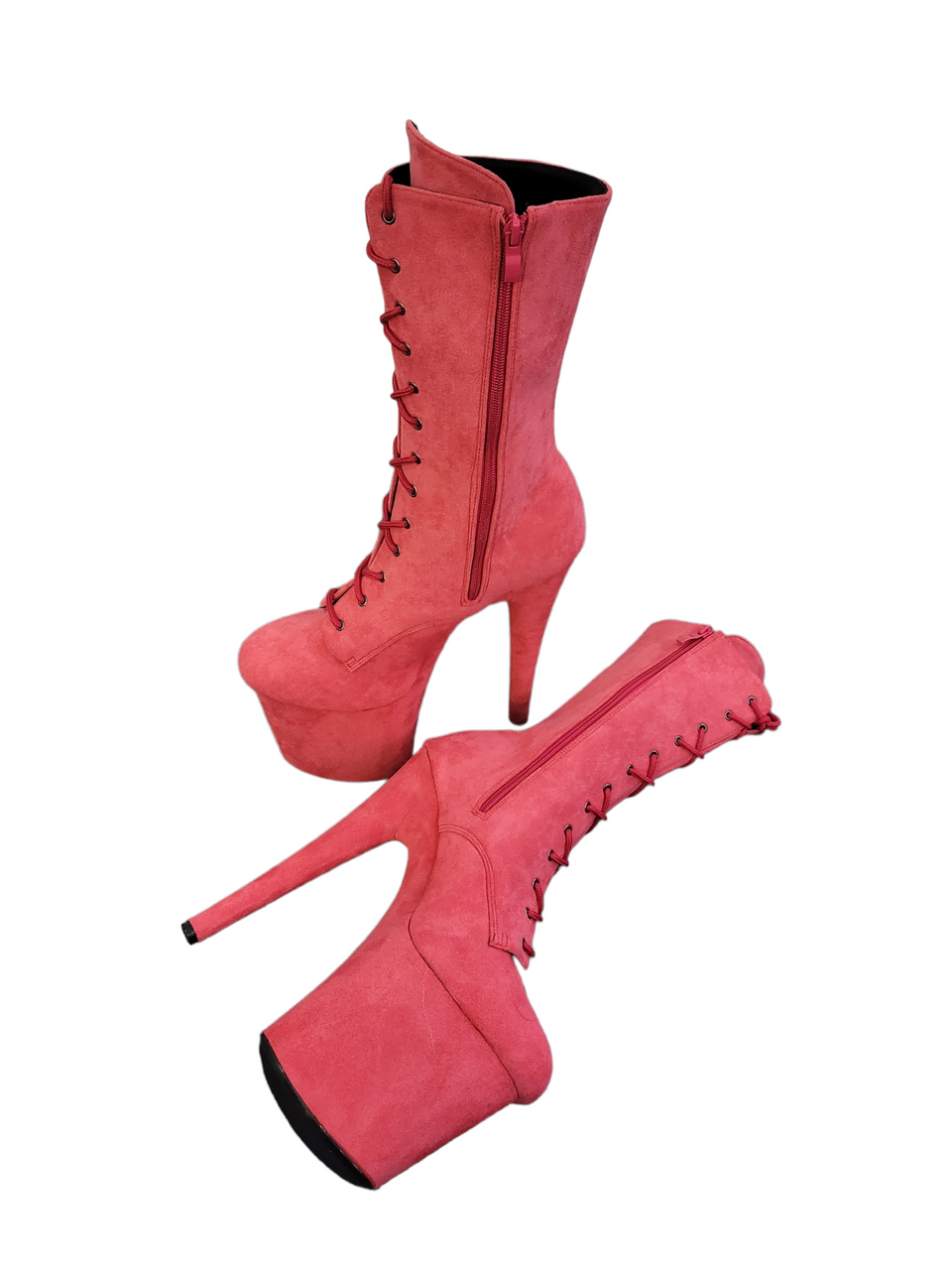 Coral Pink Faux Suede Calf Length Platform Boots-CelebWigs