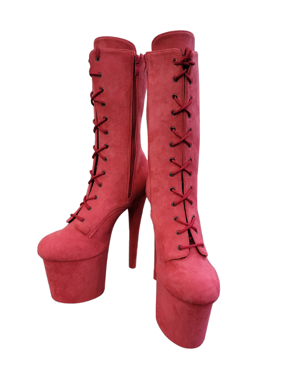 Coral Pink Faux Suede Calf Length Platform Boots-CelebWigs