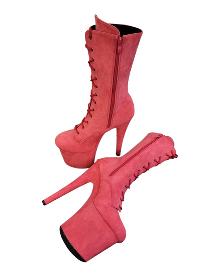 Coral Pink Faux Suede Calf Length Platform Boots-CelebWigs