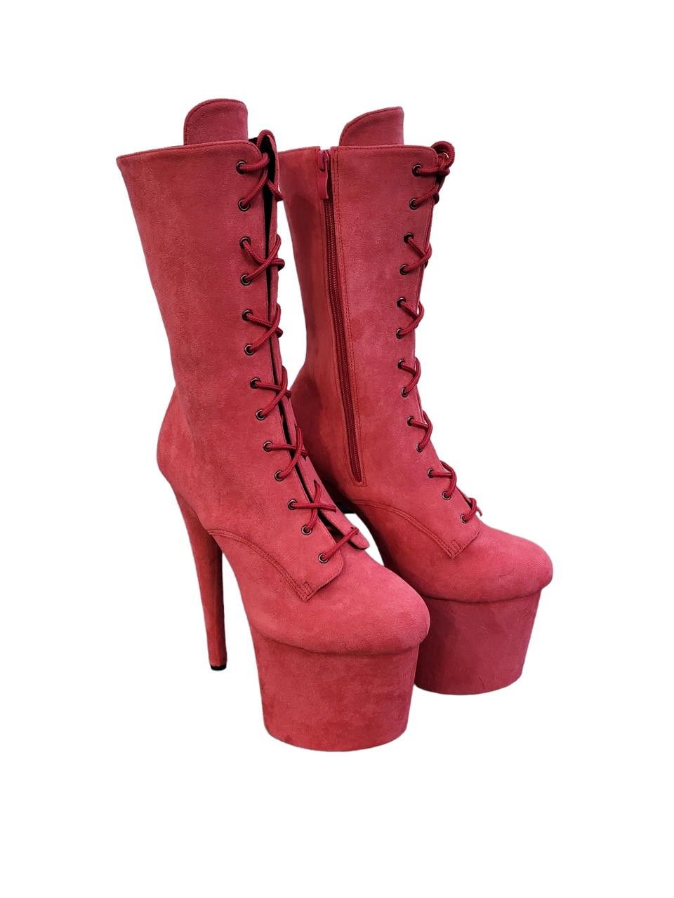 Coral Pink Faux Suede Calf Length Platform Boots-CelebWigs