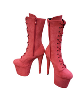 Coral Pink Faux Suede Calf Length Platform Boots-CelebWigs