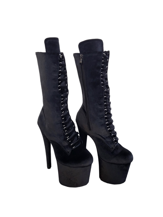 Black Velvet Calf Length Stiletto Platform Boots