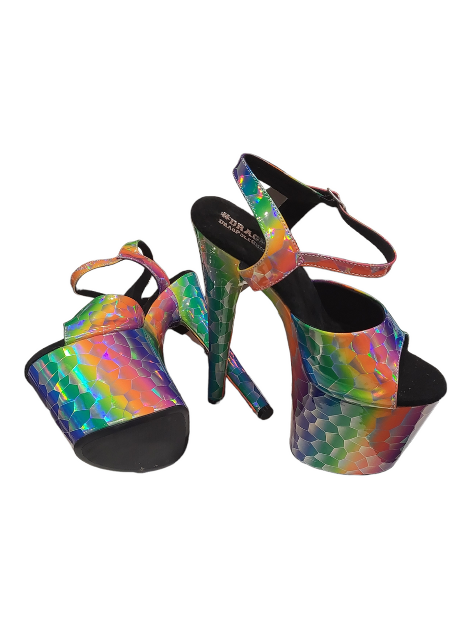 Rainbow Holographic Print DragPole Platform Stiletto Sandal