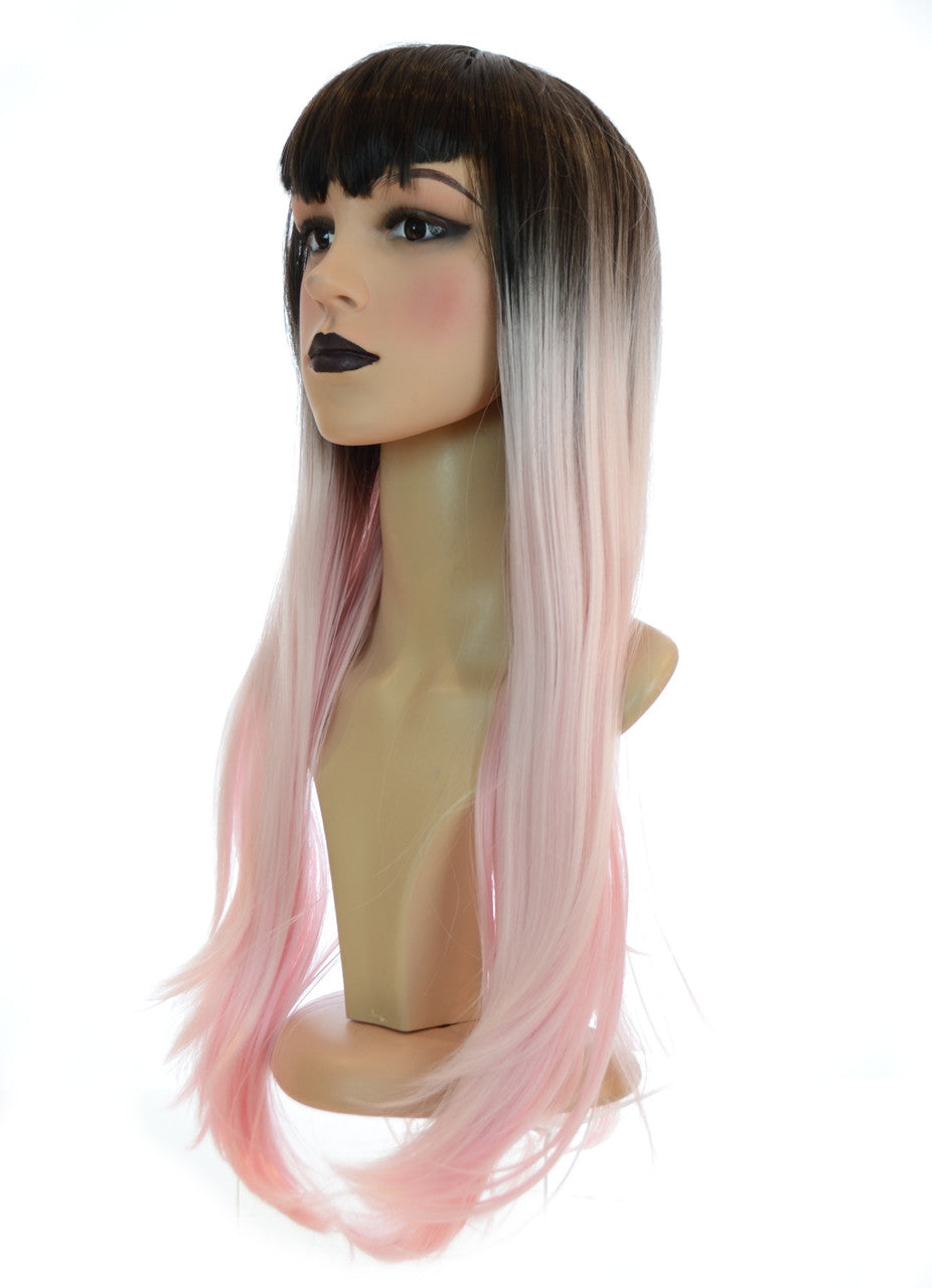 Long Straight Pastel Pink Xtina Wig. V Fringe. Dark Roots
