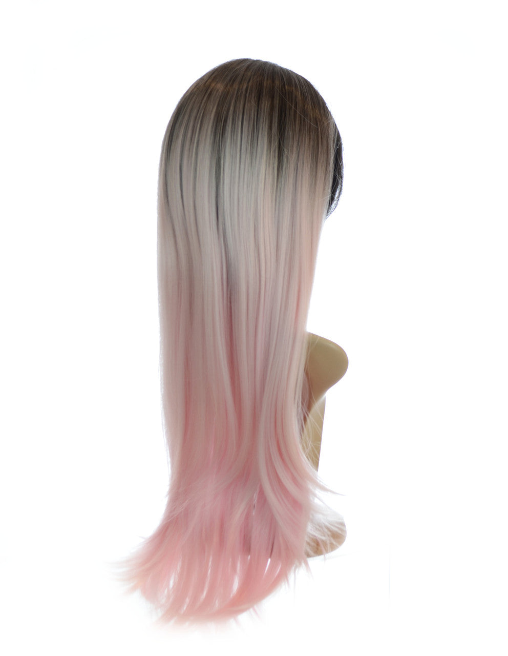 Long Straight Pastel Pink Xtina Wig. V Fringe. Dark Roots